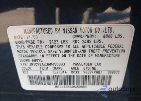 2010 Infiniti G37X z USA, uszkodzony, nr VIN JN1CV6AR3AM450883